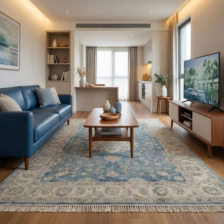 Translation missing: es.Hand Knotted Blue Oushak Wool Area Rug for Living Room