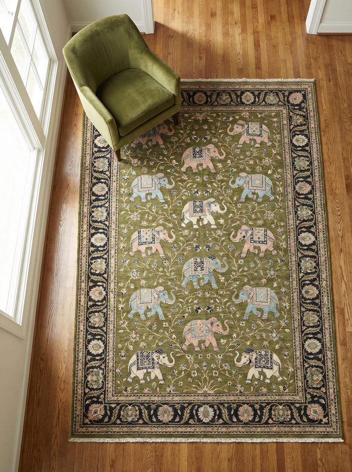 Translation missing: es.Hand knotted elephant Persian rug with wool pile and intricate floral design for living room decor