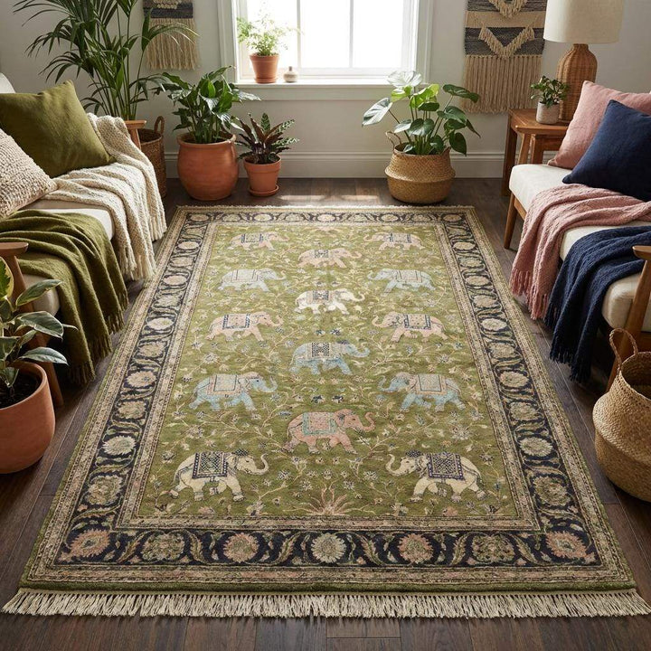 Translation missing: en.Olive green Persian style wool rug styled in living room setting