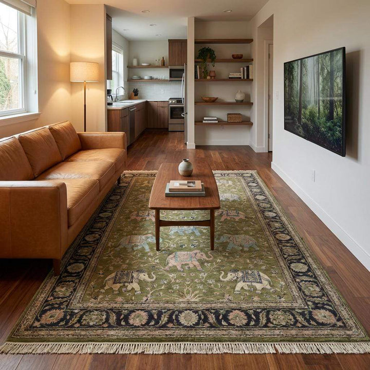 Translation missing: en.Artisan handmade hand knotted animal motif rug with floral vine background