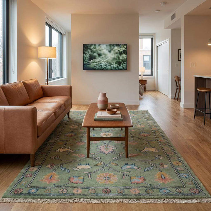 Translation missing: en.Hand Knotted Floral Animal Area Rug Sage Green Traditional Living Room