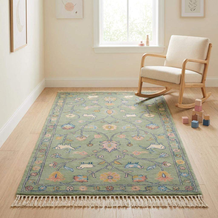 Translation missing: en.Hand Knotted Floral Animal Area Rug Sage Green Traditional Living Room