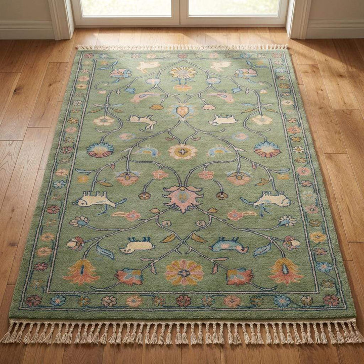 Translation missing: en.Hand Knotted Floral Animal Area Rug Sage Green Traditional Living Room