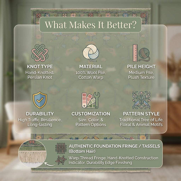 Translation missing: en.Hand Knotted Floral Animal Area Rug Sage Green Traditional Living Room