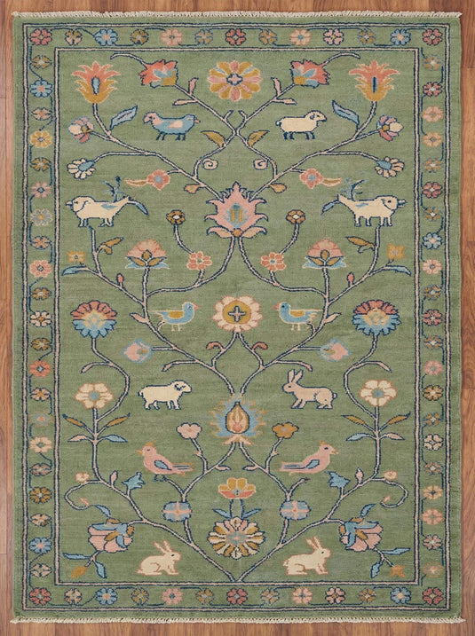 Translation missing: es.Hand knotted floral area rug with sage green wool and animal motifs for traditional living room decor