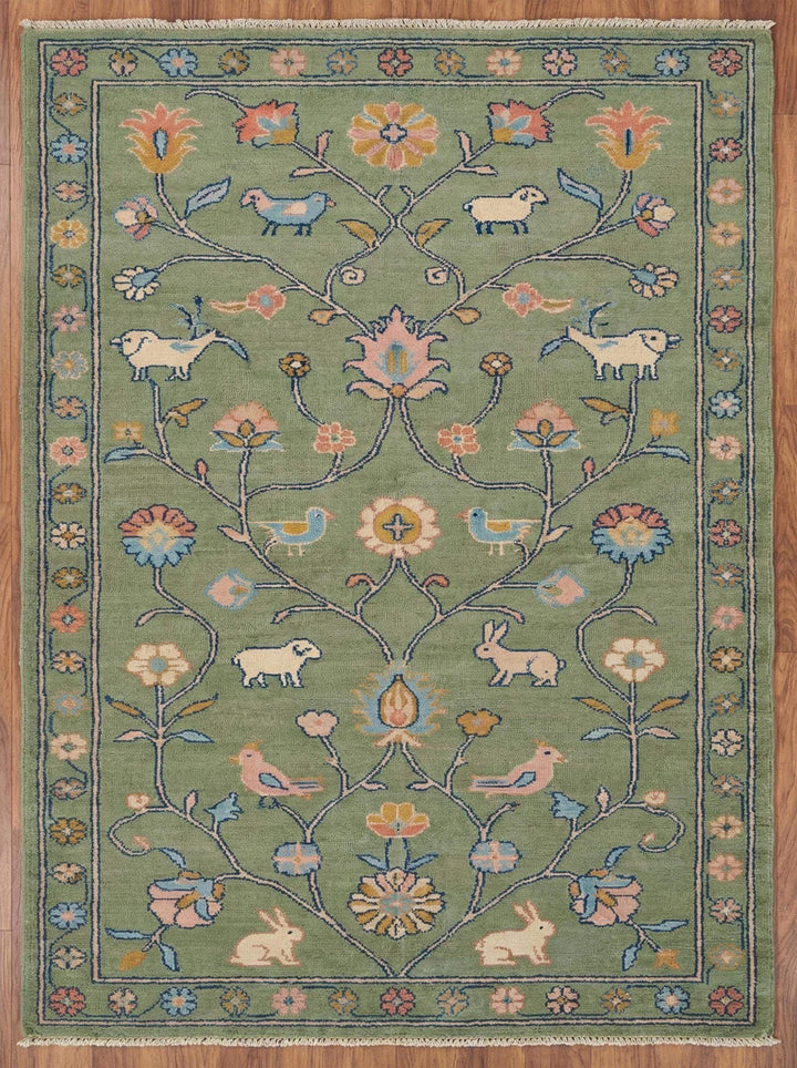 Translation missing: es.Hand knotted floral area rug with sage green wool and animal motifs for traditional living room decor