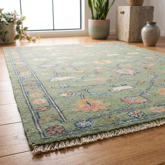 Translation missing: es.Hand Knotted Floral Animal Area Rug Sage Green Traditional Living Room