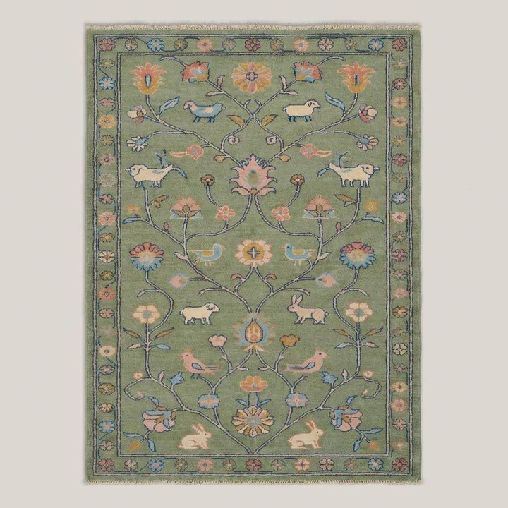 Translation missing: en.Hand Knotted Floral Animal Area Rug Sage Green Traditional Living Room
