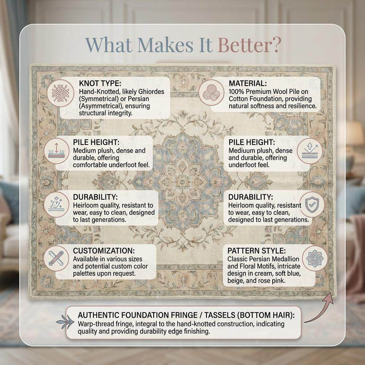 Translation missing: es.Hand Knotted Floral Wool Area Rug, Ivory Persian Style Home Decor