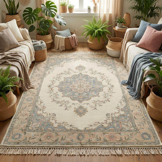 Translation missing: es.Elegant ivory hand knotted area rug styled in living room with classic floral pattern
