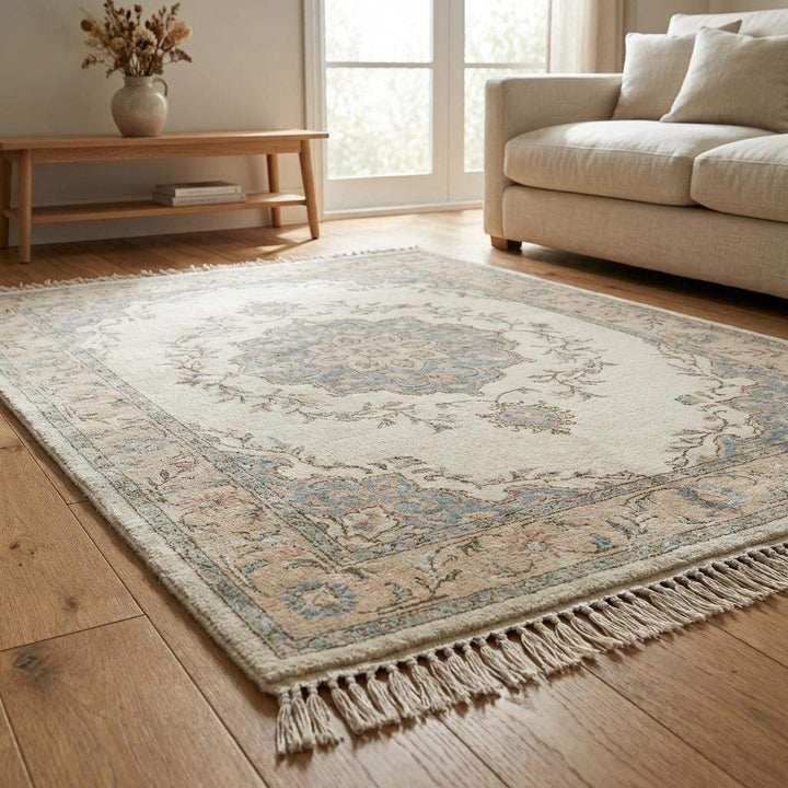 Translation missing: es.Hand Knotted Floral Wool Area Rug, Ivory Persian Style Home Decor