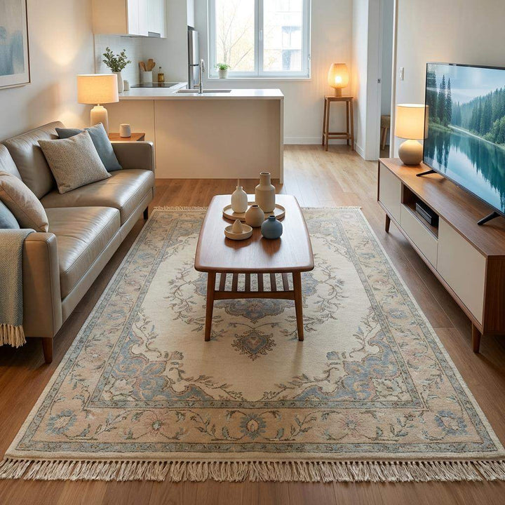 Translation missing: es.Hand Knotted Floral Wool Area Rug, Ivory Persian Style Home Decor