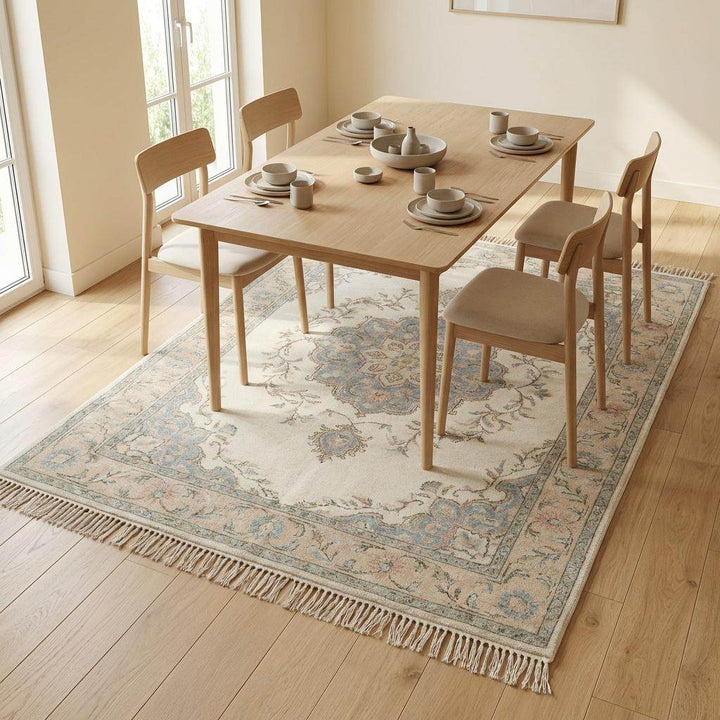 Translation missing: es.Traditional floral wool rug with detailed border and artisan hand knotted craftsmanship