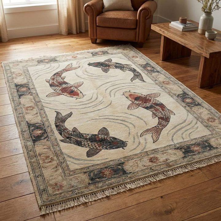 Translation missing: es.Hand Knotted Koi Fish Wool Rug Artistic Asian Style Area Carpet