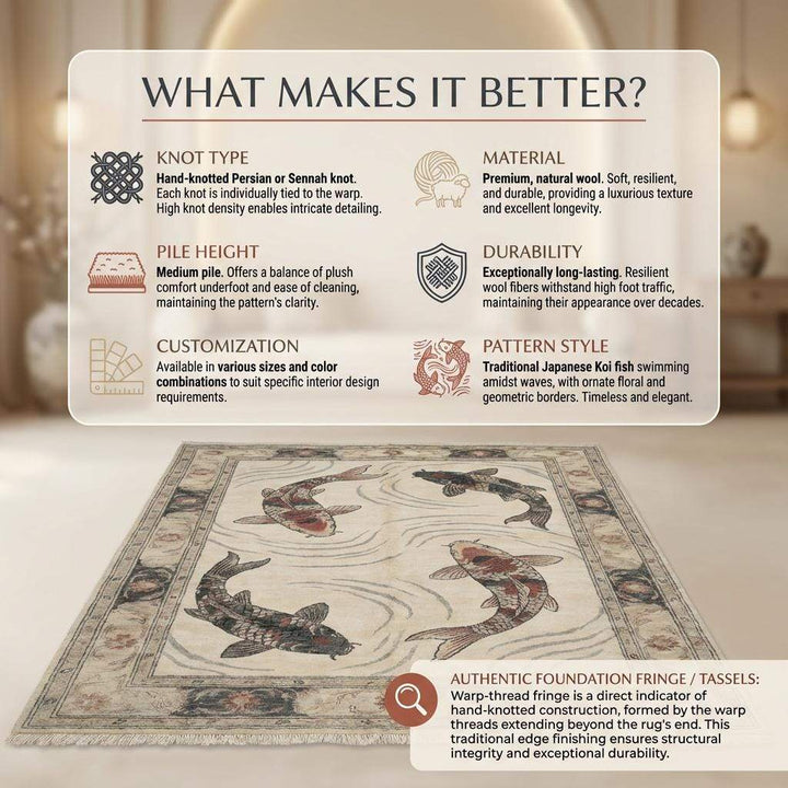 Translation missing: es.Hand Knotted Koi Fish Wool Rug Artistic Asian Style Area Carpet