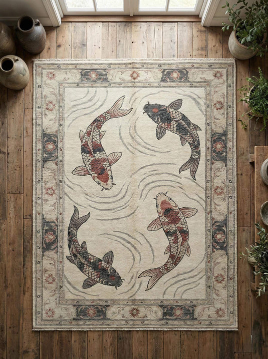 Translation missing: es.Hand knotted koi fish wool rug with artistic Asian design and rich texture