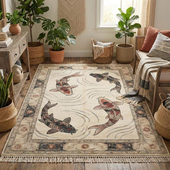 Translation missing: es.Hand knotted Asian style rug styled in living room with wooden flooring
