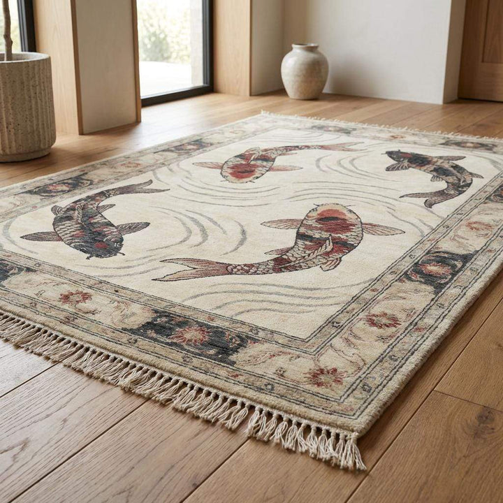 Translation missing: es.Detailed koi fish motif woven in wool using traditional hand knotted technique