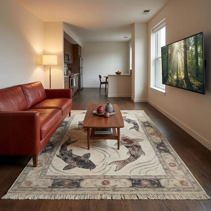 Translation missing: es.Rectangular hand knotted wool rug with symbolic koi fish artwork