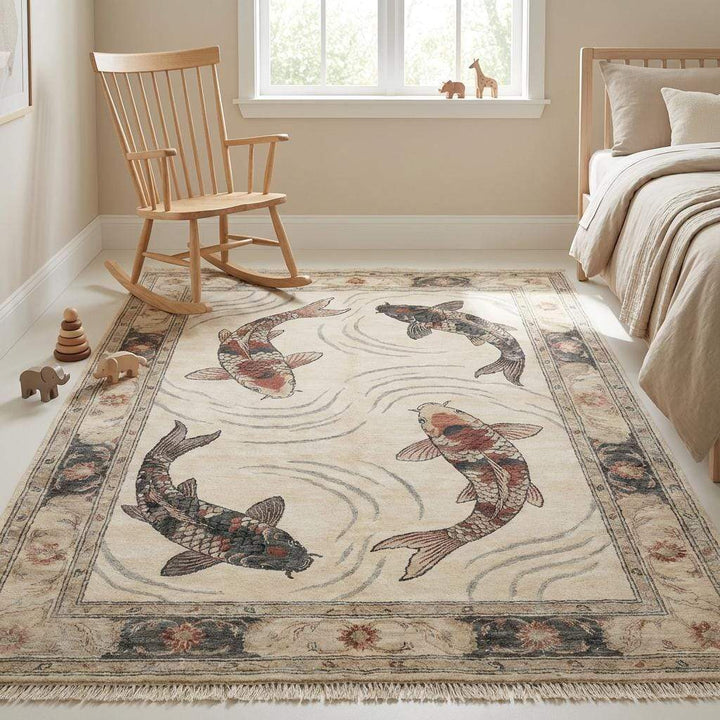 Translation missing: es.Hand Knotted Koi Fish Wool Rug Artistic Asian Style Area Carpet