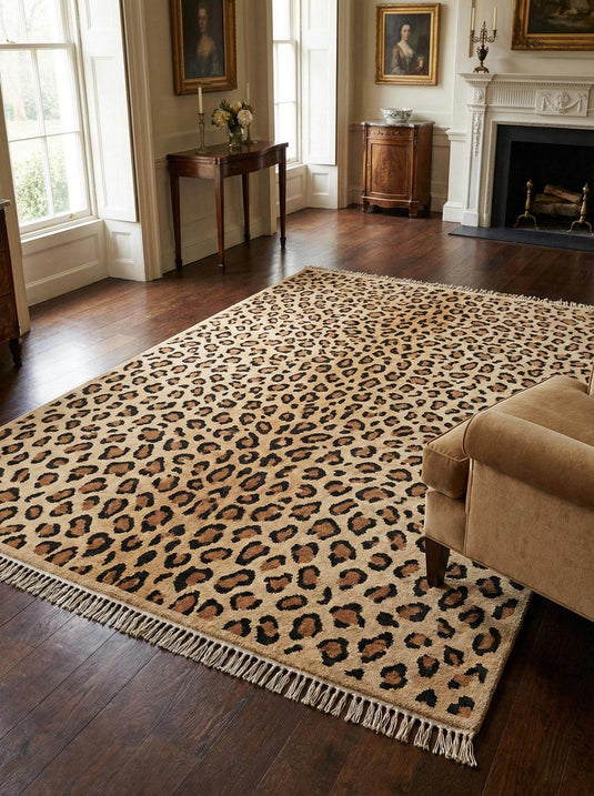 Translation missing: es.Hand knotted leopard print wool rug for living room decor