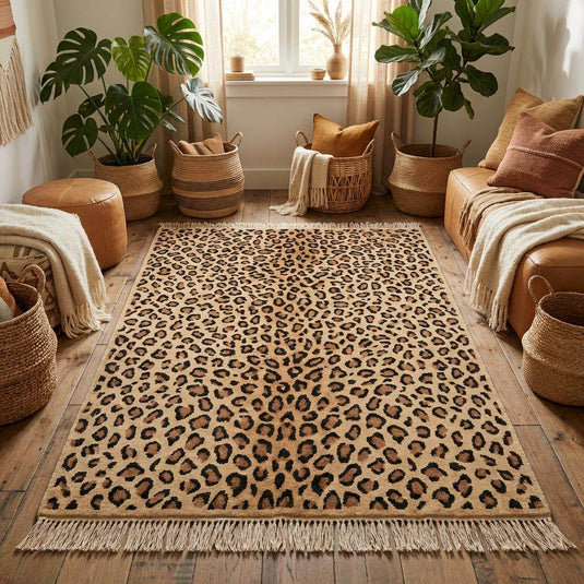 Translation missing: es.Rectangular wool animal print rug with hand knotted construction and fringe edges