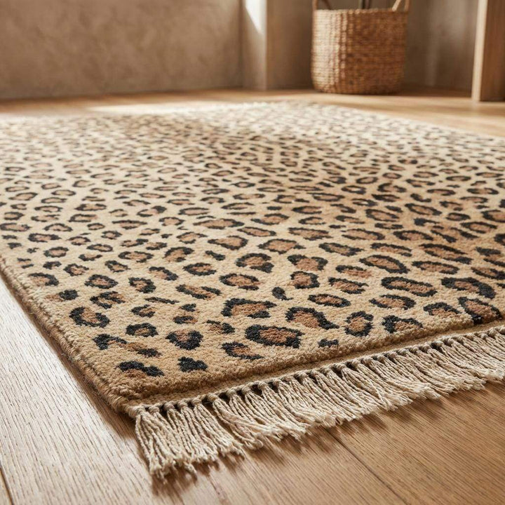 Translation missing: es.Luxury handmade leopard wool rug used as a statement piece in neutral interior decor