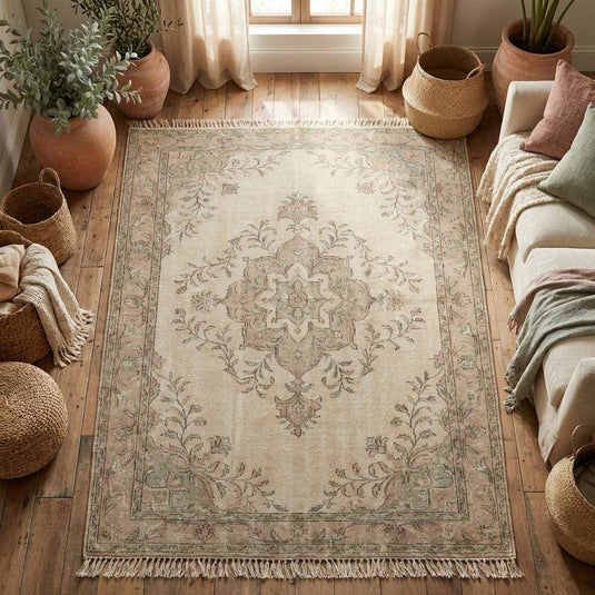 Translation missing: fr.Neutral living room rug placed on light wood flooring next to a green armchair, showing scale and color palette