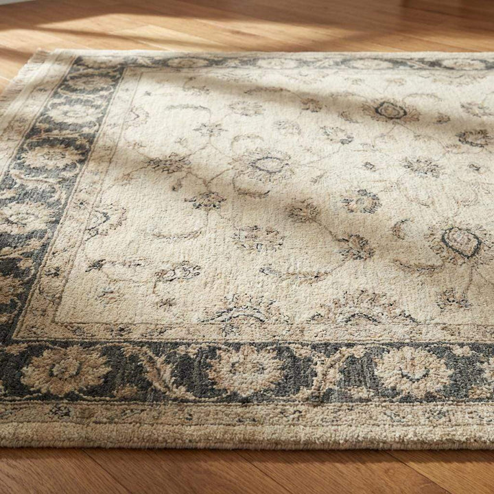 Translation missing: en.Hand Knotted Oushak Area Rug, Ivory Floral Wool Living Room Carpet