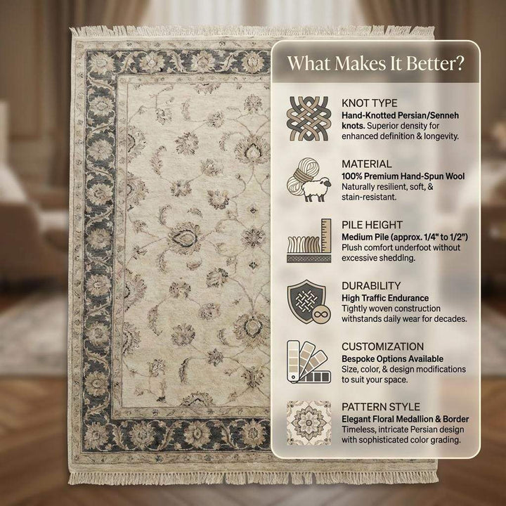 Translation missing: en.Hand Knotted Oushak Area Rug, Ivory Floral Wool Living Room Carpet