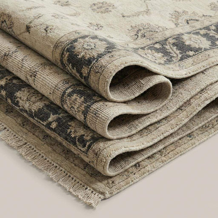 Translation missing: en.Hand Knotted Oushak Area Rug, Ivory Floral Wool Living Room Carpet