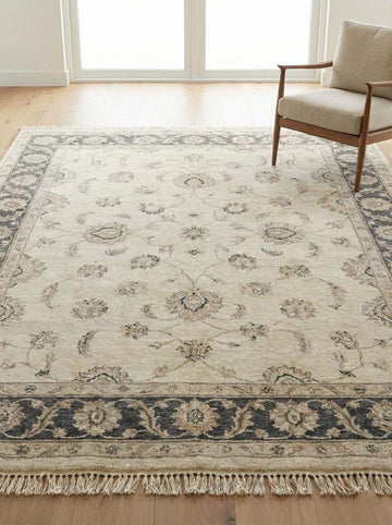 Translation missing: en.Hand knotted Oushak ivory floral wool area rug with traditional craftsmanship for living room decor