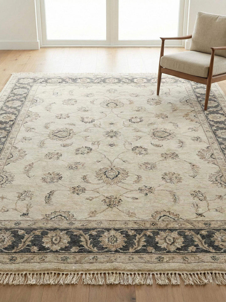 Translation missing: en.Hand knotted Oushak ivory floral wool area rug with traditional craftsmanship for living room decor