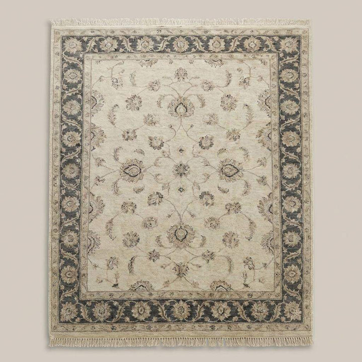 Translation missing: en.Traditional floral hand knotted rug with neutral beige and muted blue accents