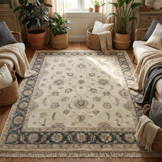 Translation missing: en.Ivory wool hand knotted area rug with detailed border and artisan craftsmanship