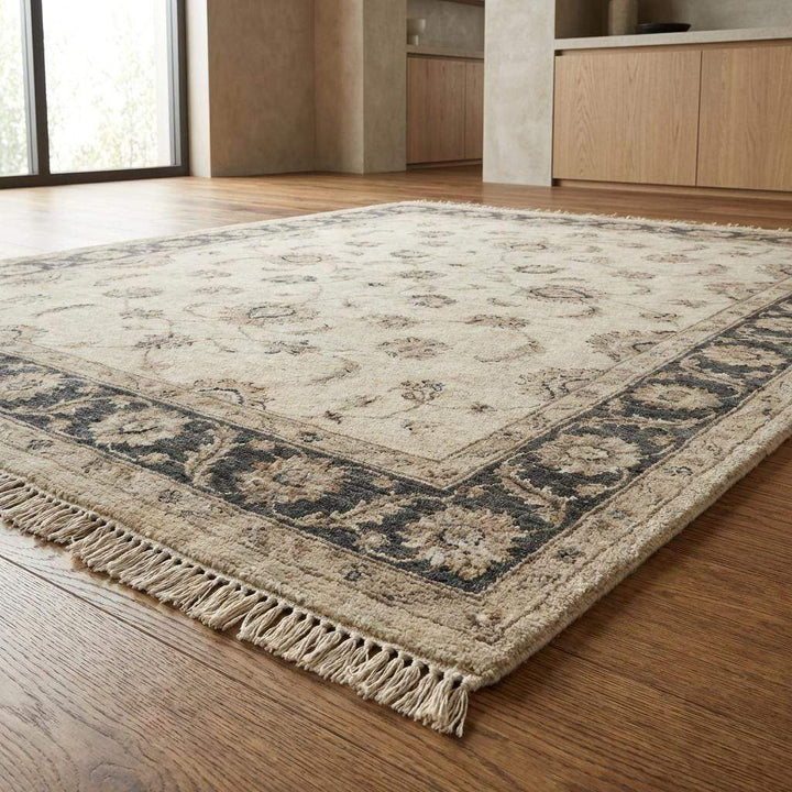 Translation missing: en.Elegant Oushak inspired hand knotted rug styled in bright modern interior