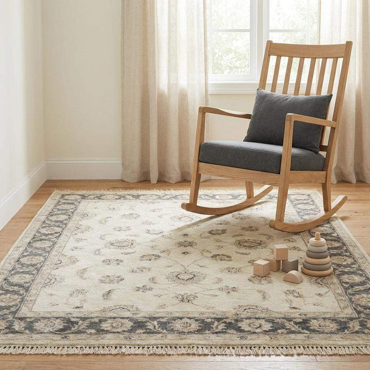Translation missing: en.Hand Knotted Oushak Area Rug, Ivory Floral Wool Living Room Carpet