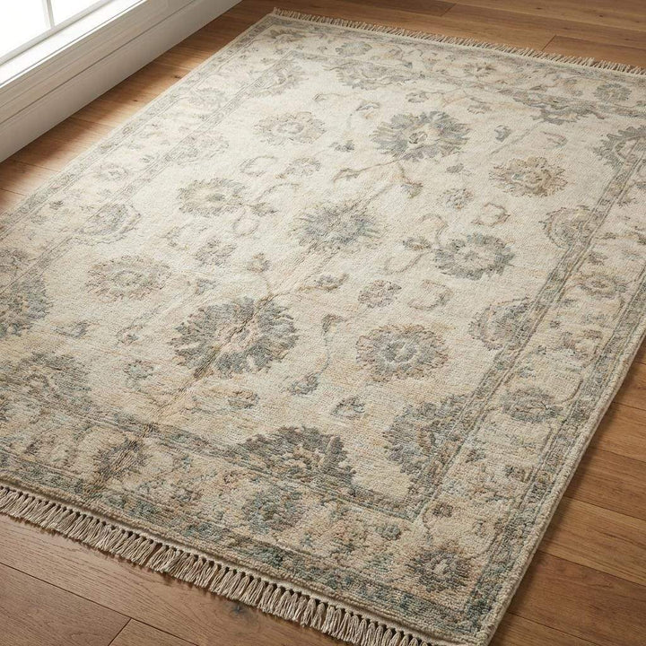Translation missing: en.Hand Knotted Oushak Area Rug, Neutral Floral Wool Living Room Rug