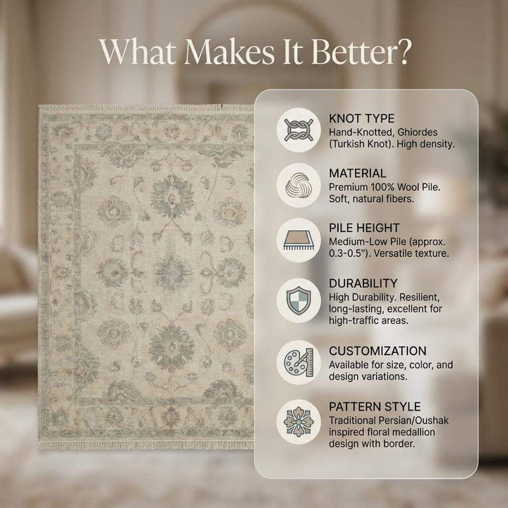 Translation missing: en.Hand Knotted Oushak Area Rug, Neutral Floral Wool Living Room Rug