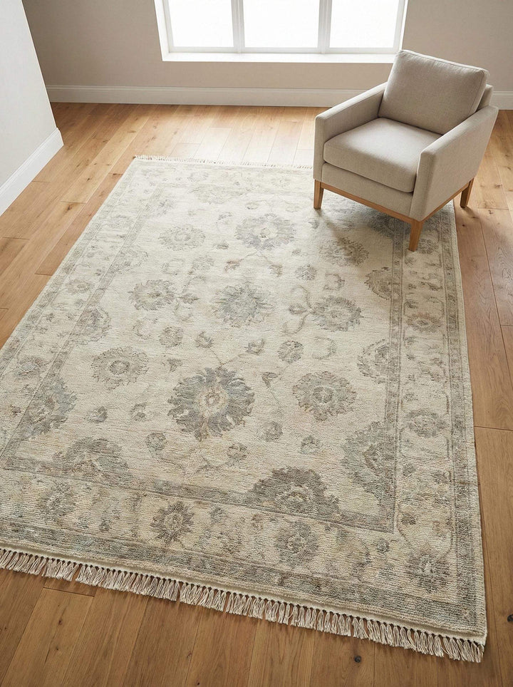 Translation missing: en.Hand knotted Oushak area rug with neutral floral wool design for living room