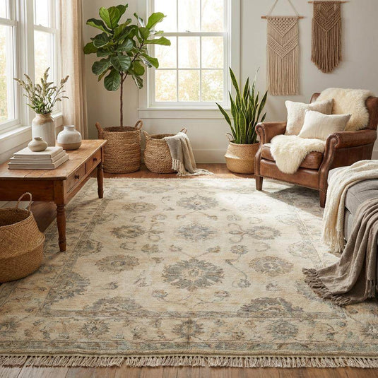 Translation missing: en.Traditional hand knotted floral rug with muted gray and beige border details