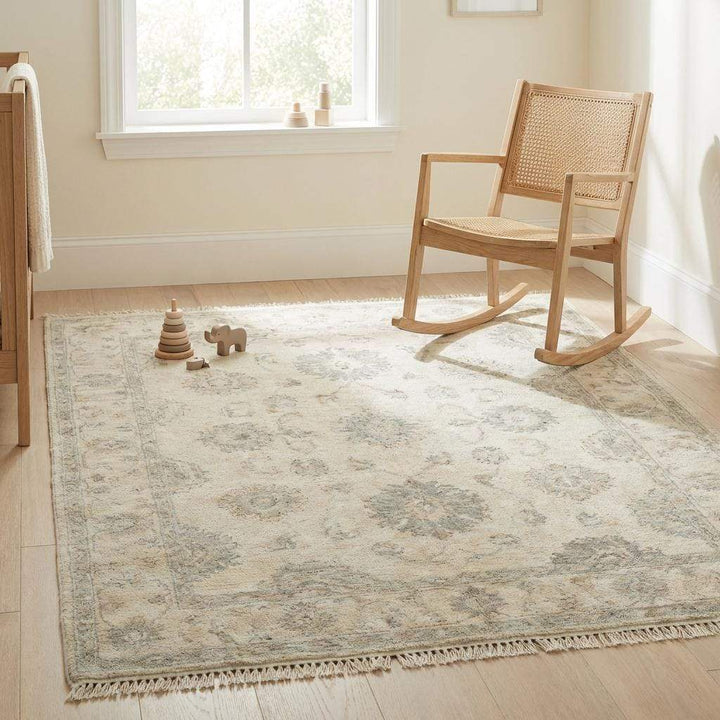 Translation missing: en.Hand Knotted Oushak Area Rug, Neutral Floral Wool Living Room Rug