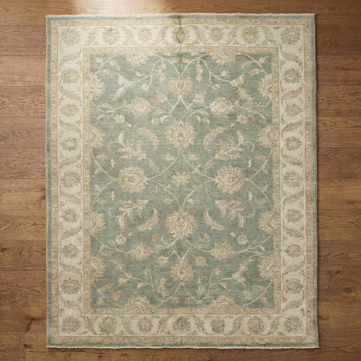 Translation missing: en.Hand Knotted Oushak Area Rug Sage Green Floral Wool Carpet
