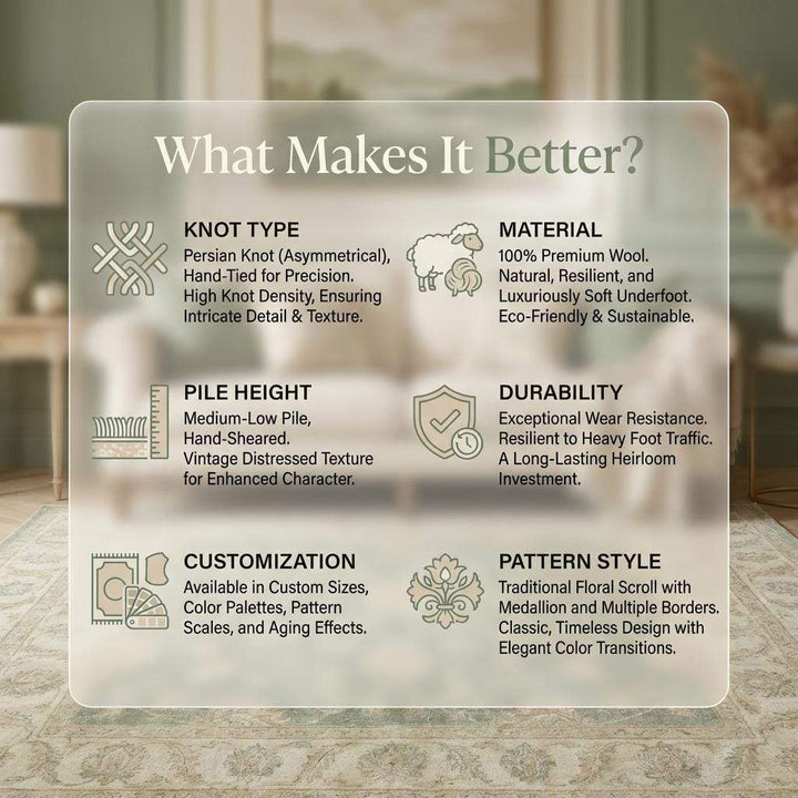 Translation missing: en.Hand Knotted Oushak Area Rug Sage Green Floral Wool Carpet