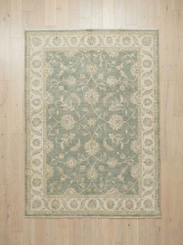 Translation missing: es.Hand knotted Oushak area rug in sage green wool with floral design and durable texture