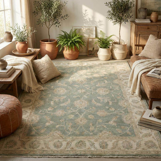 Translation missing: en.Handmade wool area rug styled on light wood floor for living room décor