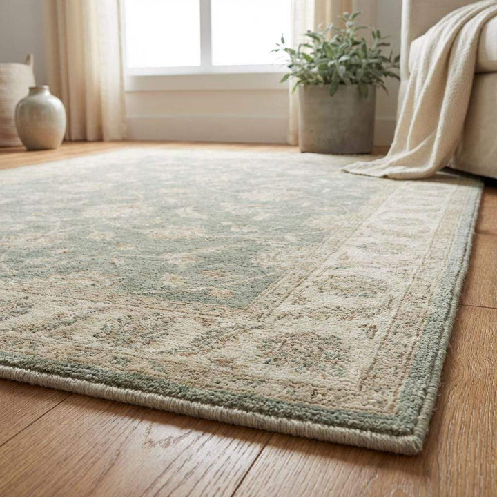 Translation missing: en.Hand Knotted Oushak Area Rug Sage Green Floral Wool Carpet