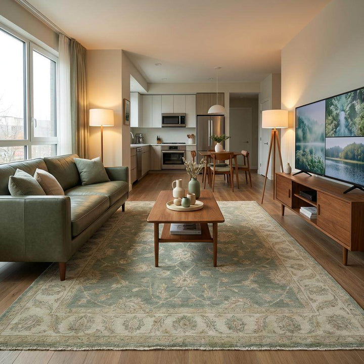 Translation missing: en.Artisan crafted hand knotted rug with neutral floral design and classic border