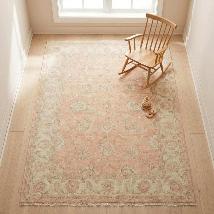 Translation missing: en.Hand Knotted Oushak Floral Rug Blush Peach Wool Area Rug Traditional Persian Style Living Room Bedroom Decor Soft Neutral Handmade Carpet