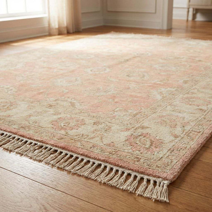 Translation missing: en.Hand Knotted Oushak Floral Rug Blush Peach Wool Area Rug Traditional Persian Style Living Room Bedroom Decor Soft Neutral Handmade Carpet